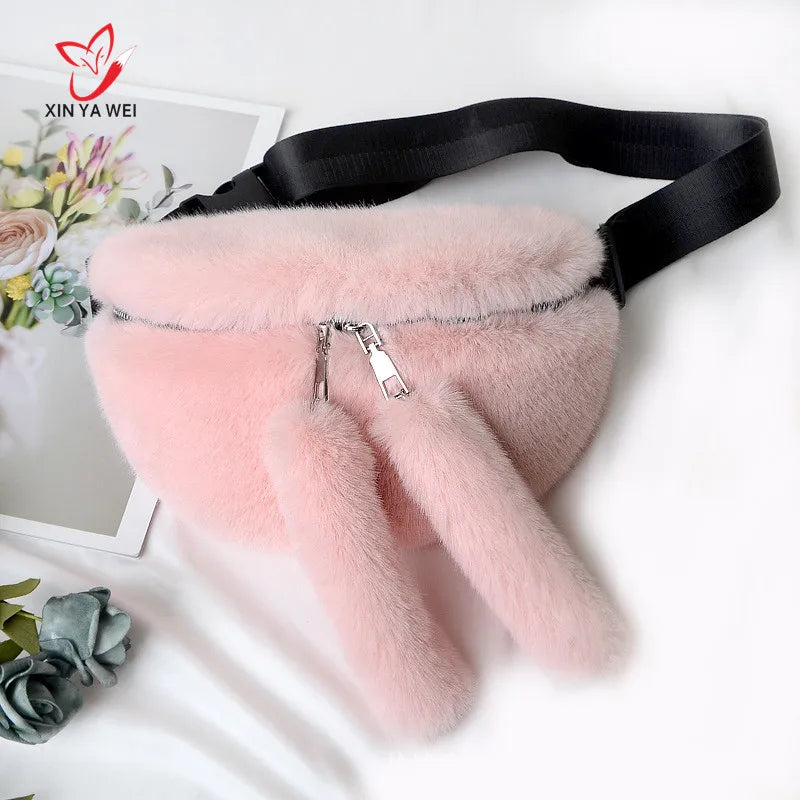 Faux Fur Rabbit Fanny Pack Waist Bag Plush Travel Bag