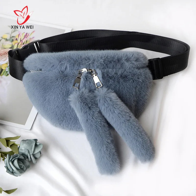 Faux Fur Rabbit Fanny Pack Waist Bag Plush Travel Bag