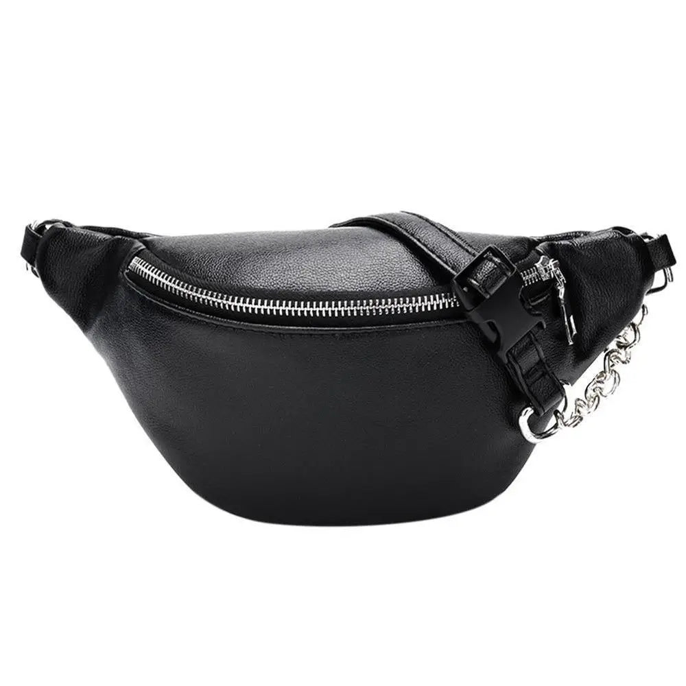 Womens Waist Bag Fanny Pack Solid PU Bag Belt Purse Chains