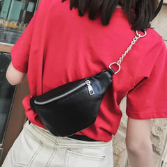 Womens Waist Bag Fanny Pack Solid PU Bag Belt Purse Chains