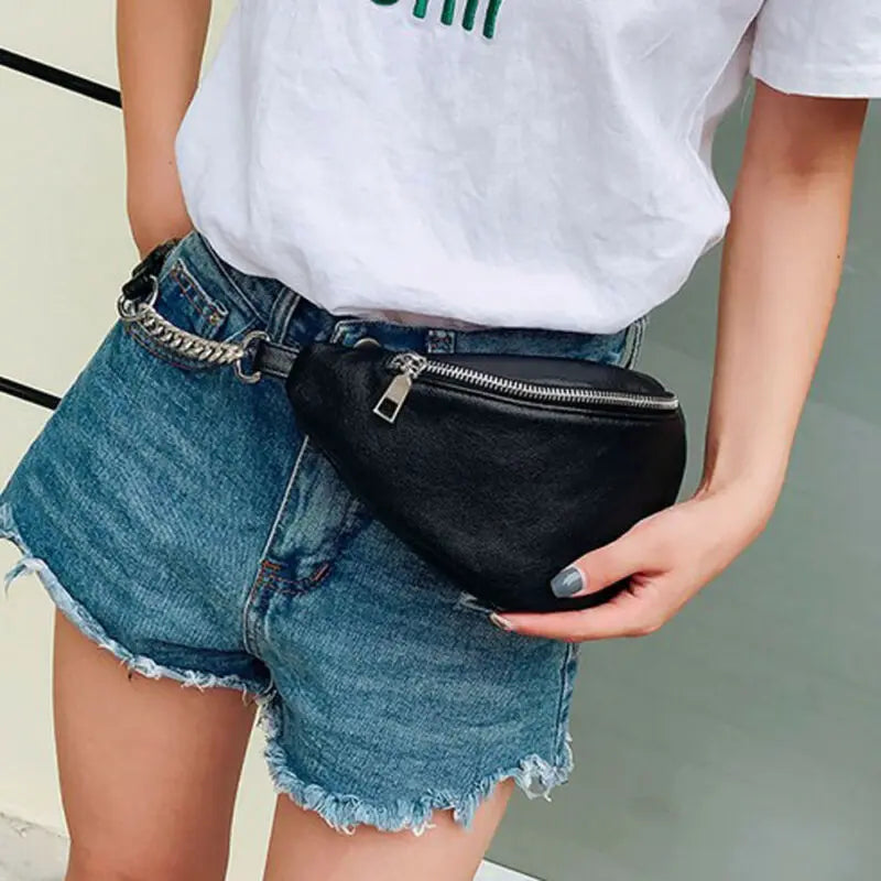 Womens Waist Bag Fanny Pack Solid PU Bag Belt Purse Chains