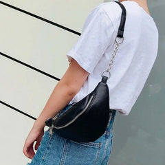 Womens Waist Bag Fanny Pack Solid PU Bag Belt Purse Chains