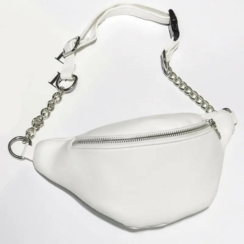 Womens Waist Bag Fanny Pack Solid PU Bag Belt Purse Chains