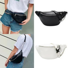 Womens Waist Bag Fanny Pack Solid PU Bag Belt Purse Chains