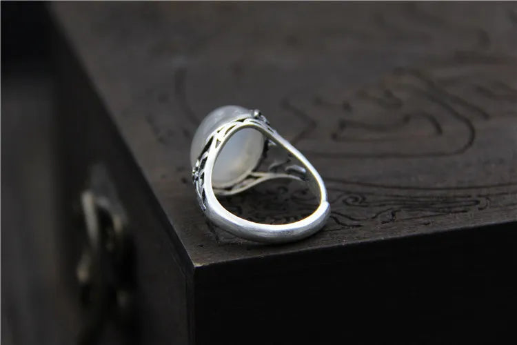 Thai Silver Carved Stone Ring, Natural Stone Pulp