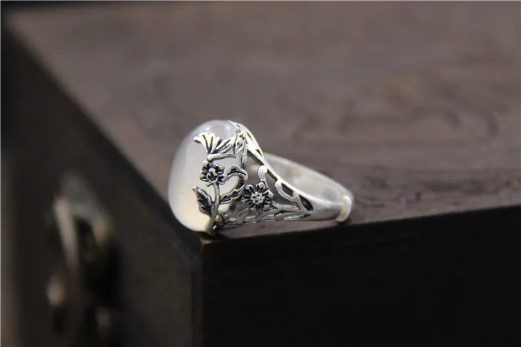 Thai Silver Carved Stone Ring, Natural Stone Pulp