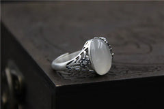 Thai Silver Carved Stone Ring, Natural Stone Pulp