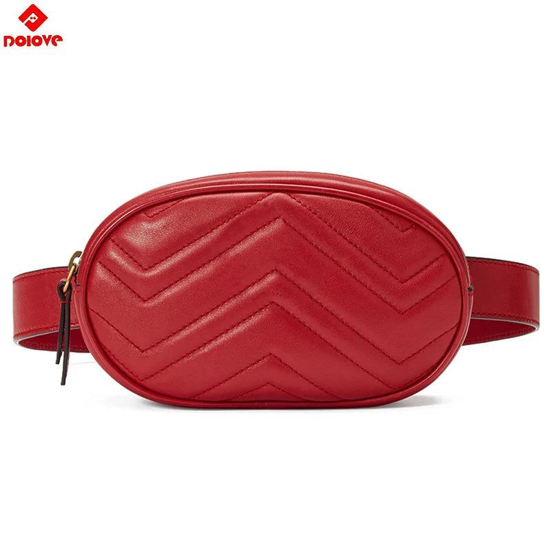 Women Leather Belt Bag Waist Bag Fanny Pack Red Beige