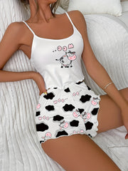 Cow Print Pajama Set Crew Neck Cami & Shorts Women's Sleepwear