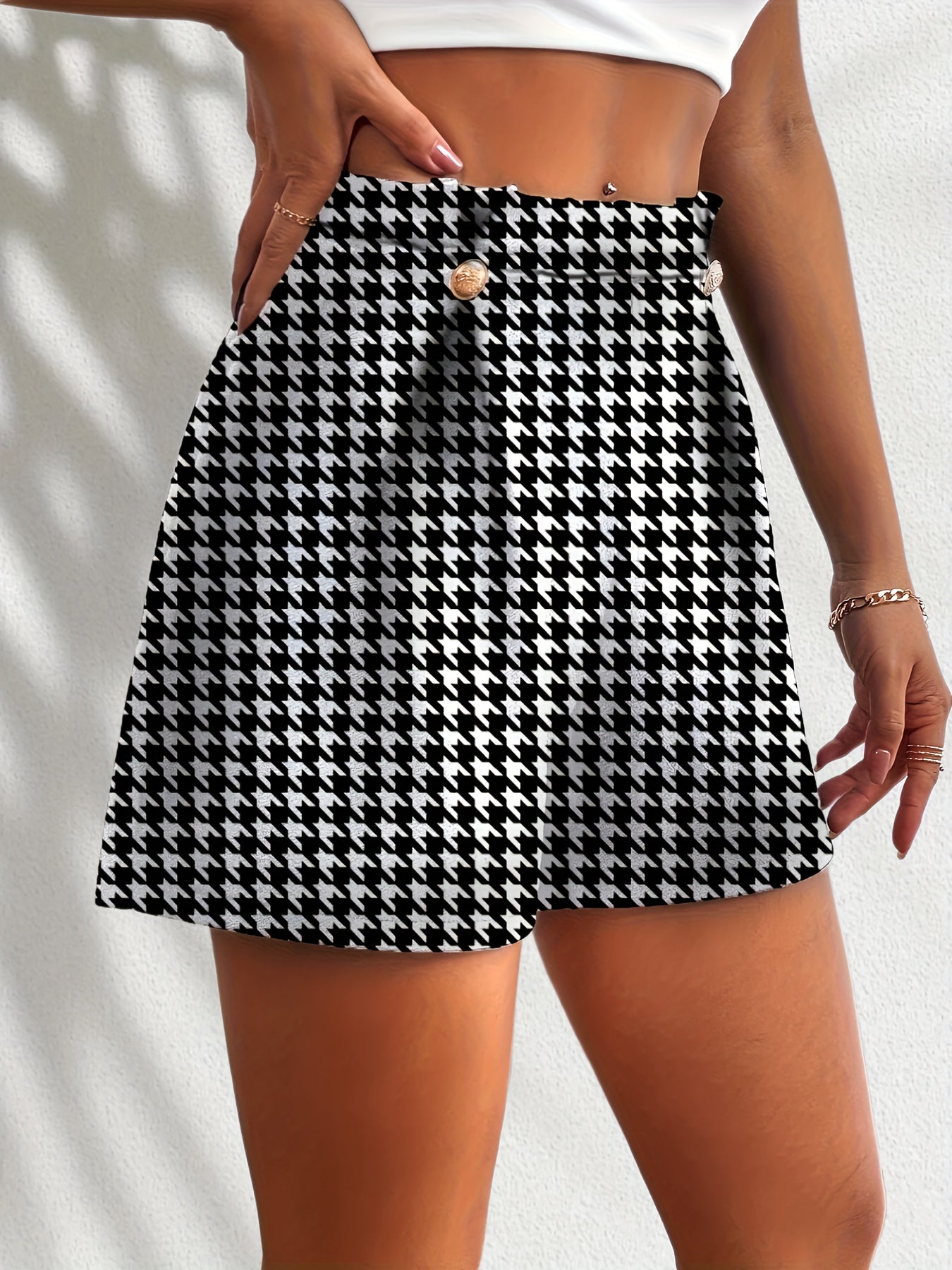 Houndstooth Button Front High Waist Shorts