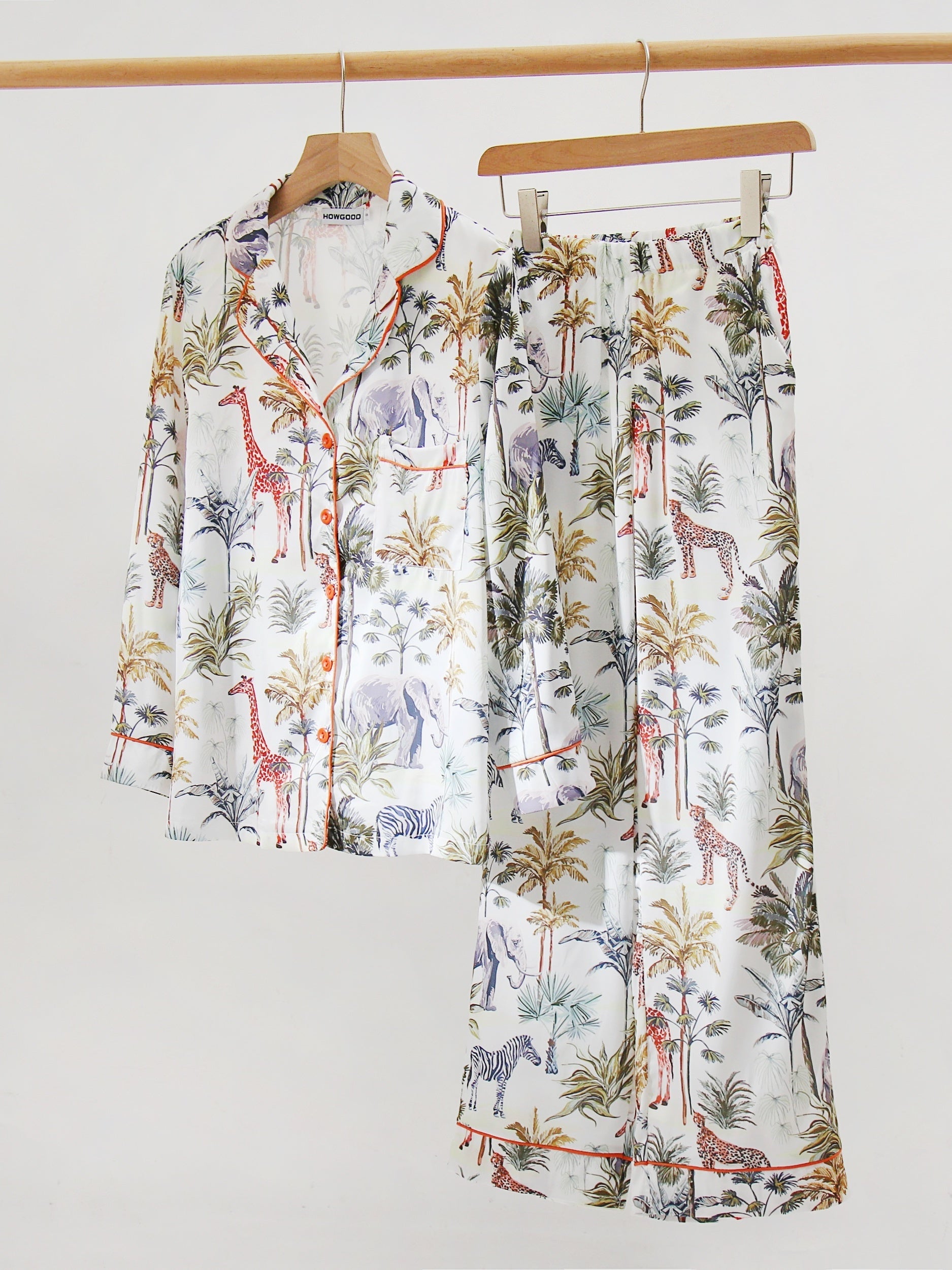 Plant Print Satin Pajama Set Long Sleeve Button Up Top & Elastic Waistband Pants