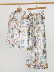 Plant Print Satin Pajama Set Long Sleeve Button Up Top & Elastic Waistband Pants