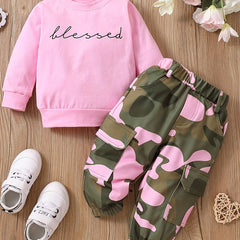 Toddler Girl Blessed Sweatshirt Top Camo Cargo Pants 2pcs Set