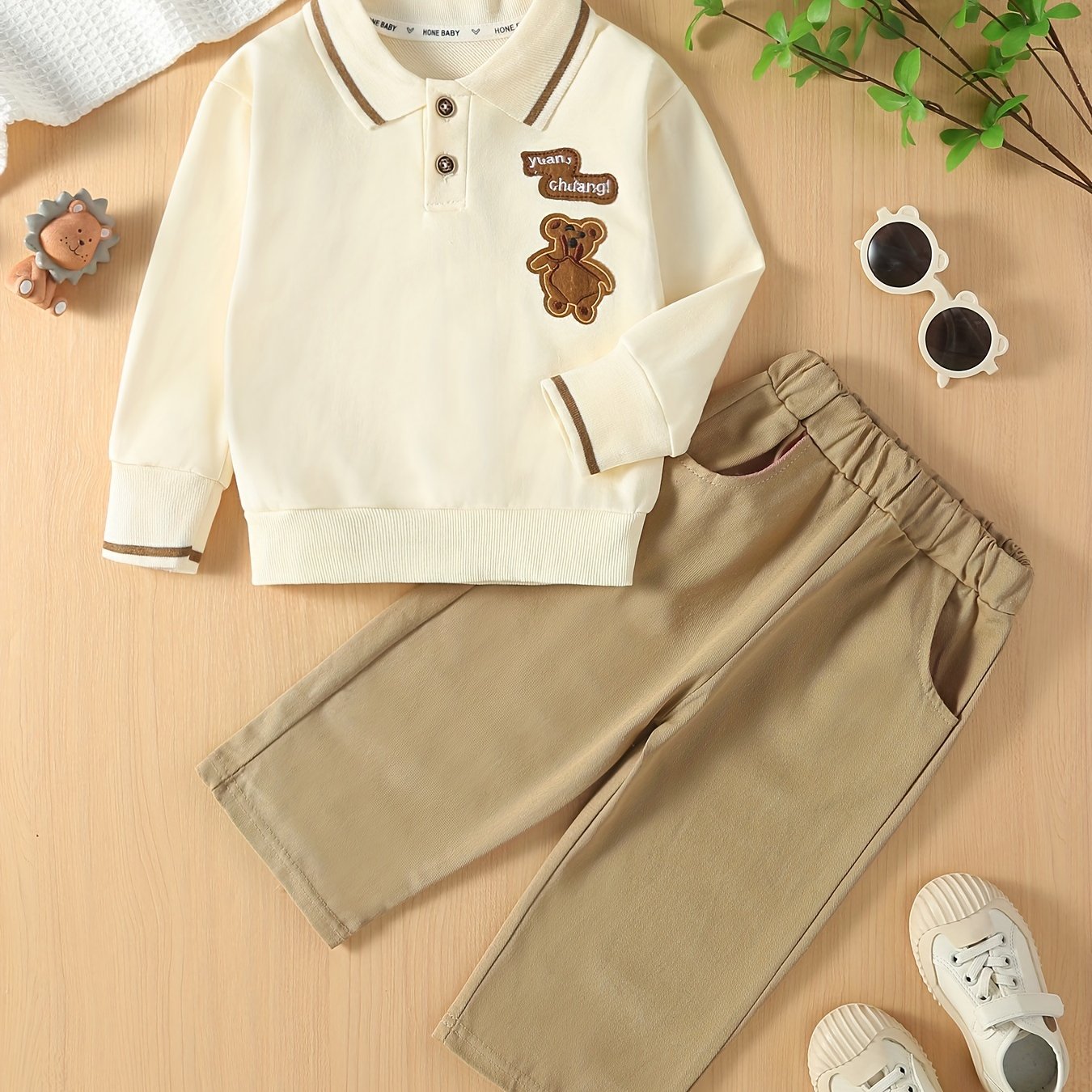 Preppy Style Boy's 2pcs Bear Embroidered Polo Shirt & Pants Set