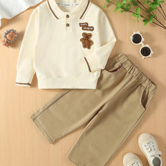 Preppy Style Boy's 2pcs Bear Embroidered Polo Shirt & Pants Set