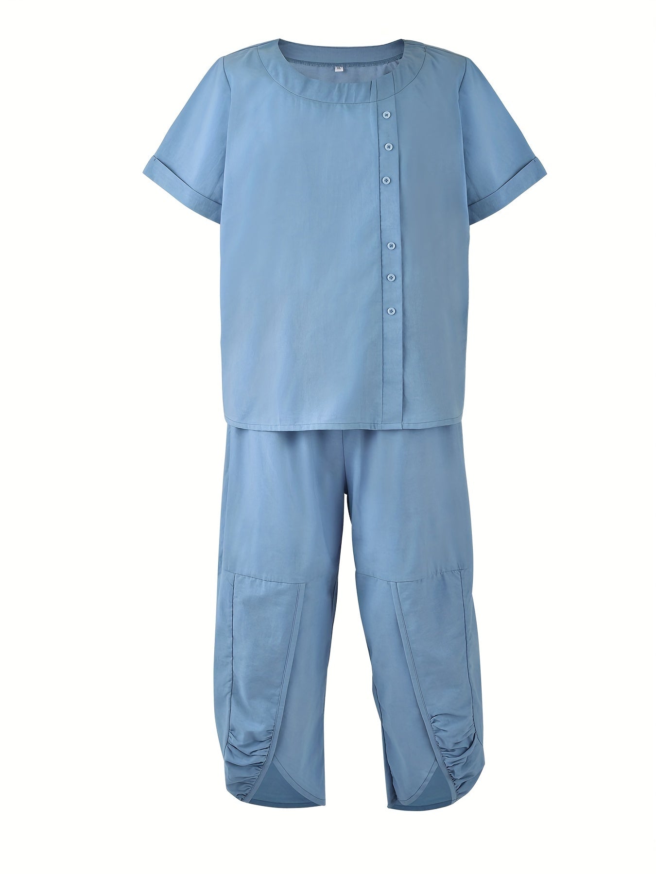 Solid Button Decor Top & Split Harem Pants Set