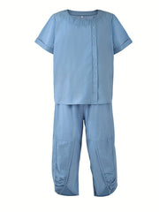Solid Button Decor Top & Split Harem Pants Set