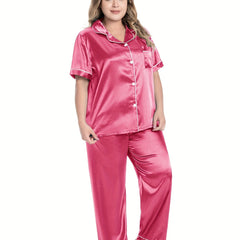 Satin Contrast Pajamas Set Short Sleeve Shirt & Pant