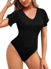 Shaping Bodysuit Ruffle Sleeve V-Neck Tummy Control Body Shaper