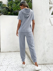 Solid Short Sleeve Hooded Top & Joggers Set