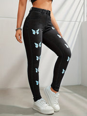 Butterfly Print Skinny Jeans Y2K Denim Pants