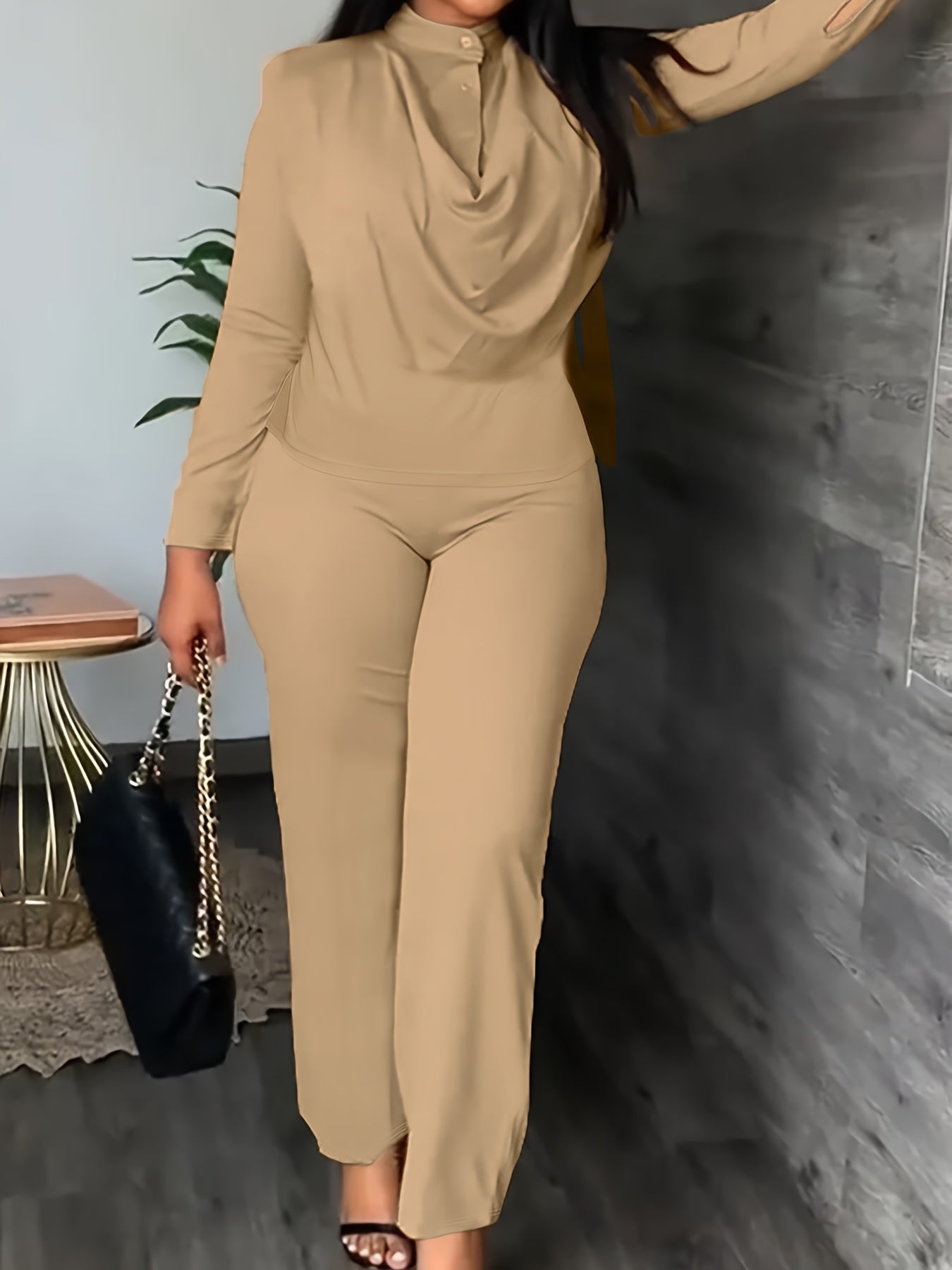 Solid Draped Front Button Up Mock Neck Top & Pants Set