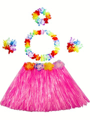 Girls Hawaiian Grass Skirt & Flowers Hula Set Costume for Halloween Party