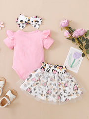 Baby Girls Cotton Ruffle Short Sleeve Bodysuit Matching Mesh Skirts Headband