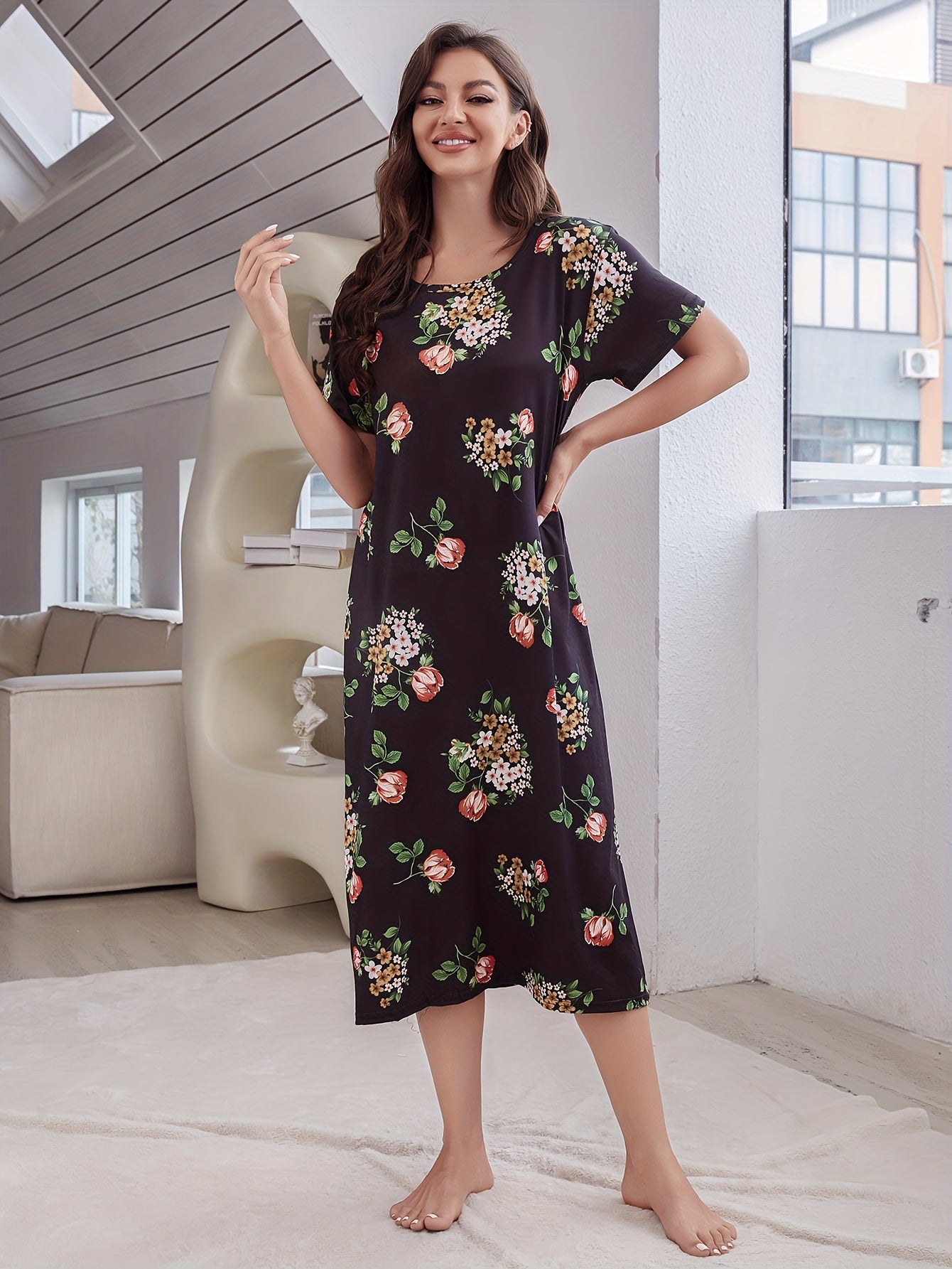 Floral Print NightDress Short Sleeve Pajama Dress Women's Sleepwear