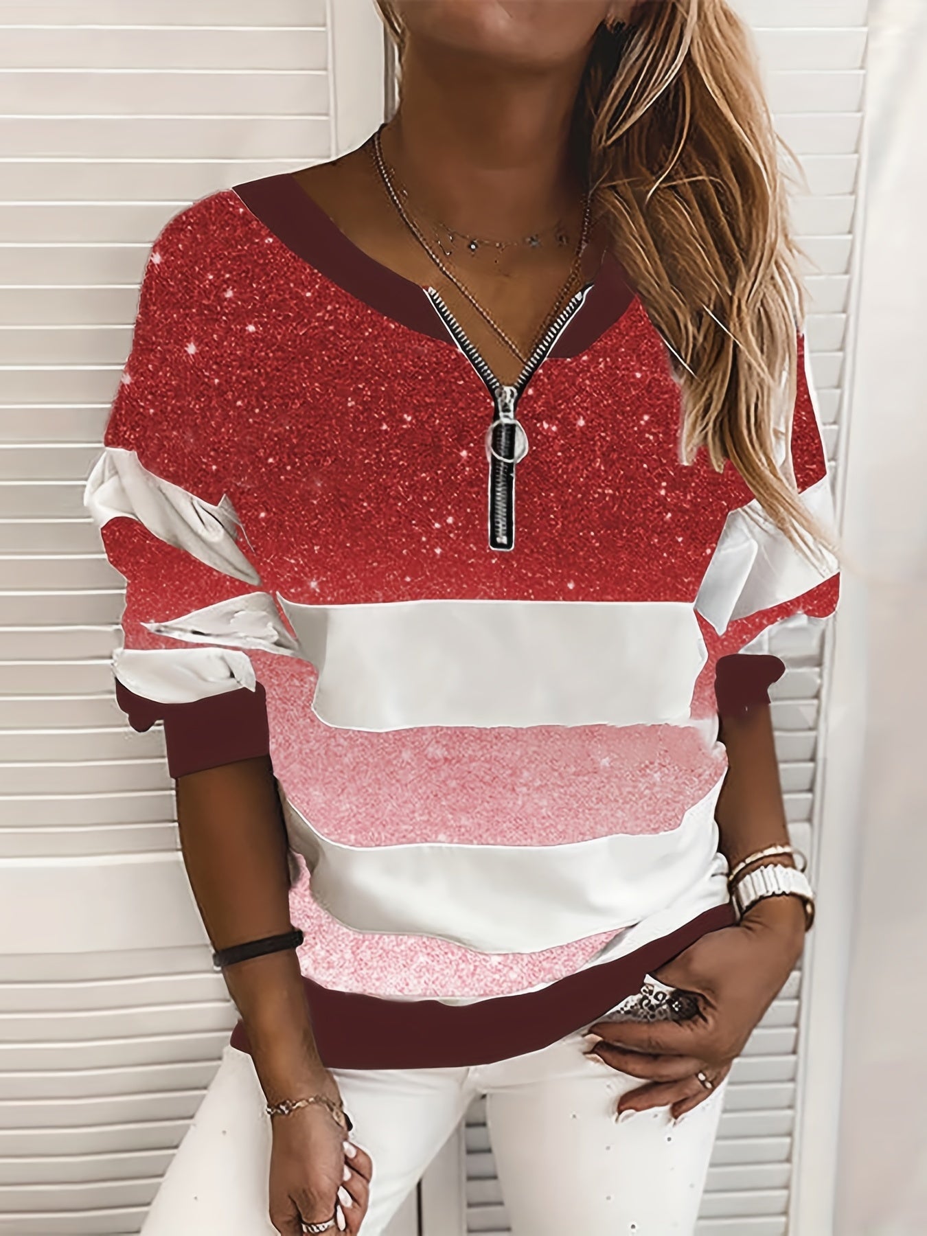 Block Zip V Neck Sweatshirt for Women