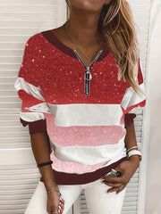 Block Zip V Neck Sweatshirt for Women