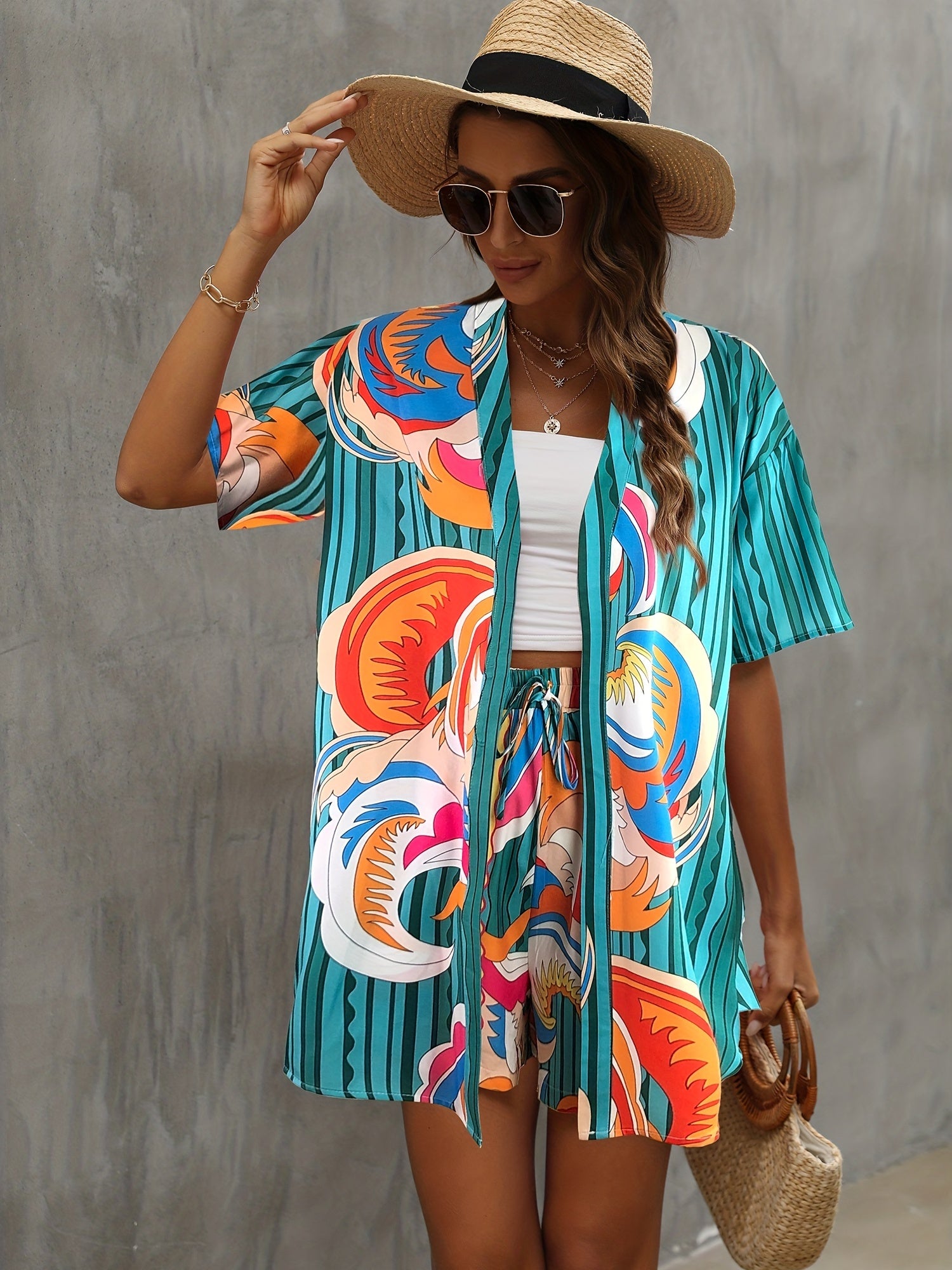 Boho Striped Graphic Print Vacation Two piece Set Blouse & Shorts