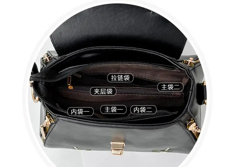Embroidery Female PU Leather Hobos Handbags Lady's Shoulder Crossbody Bag