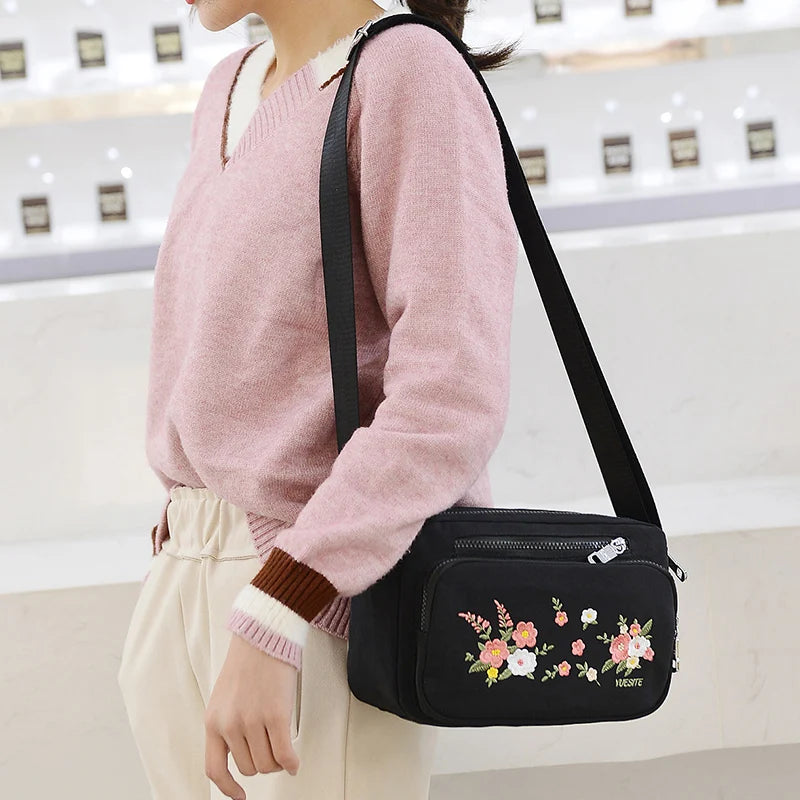 Floral Shoulder Bag Women Nylon Waterproof Soft Zipper Crossbody