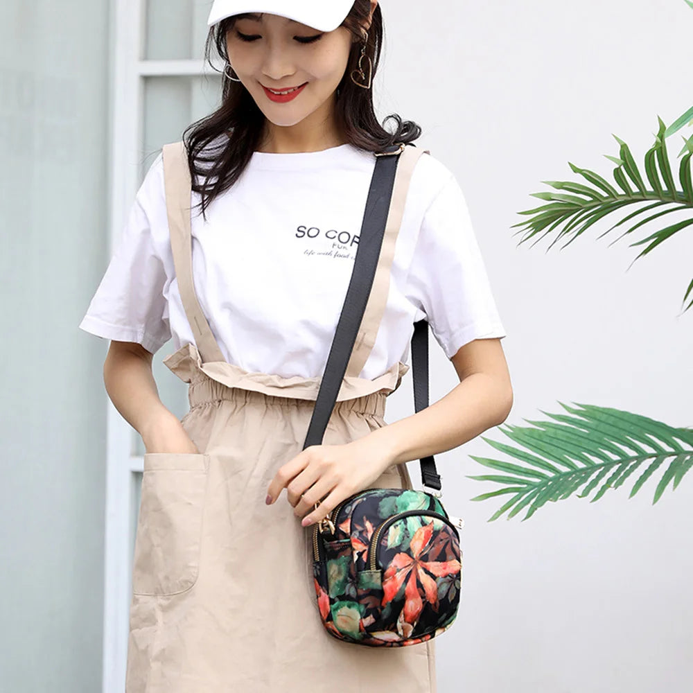 Mini Floral Shoulder Bag Woman Nylon Waterproof Zipper Soft Crossbody Purses