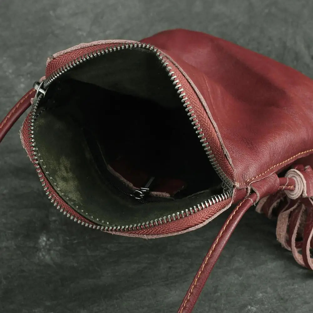 Casual Leather Shoulder Bag Cowhide Women Tassel Mini Messenger Phone Bag