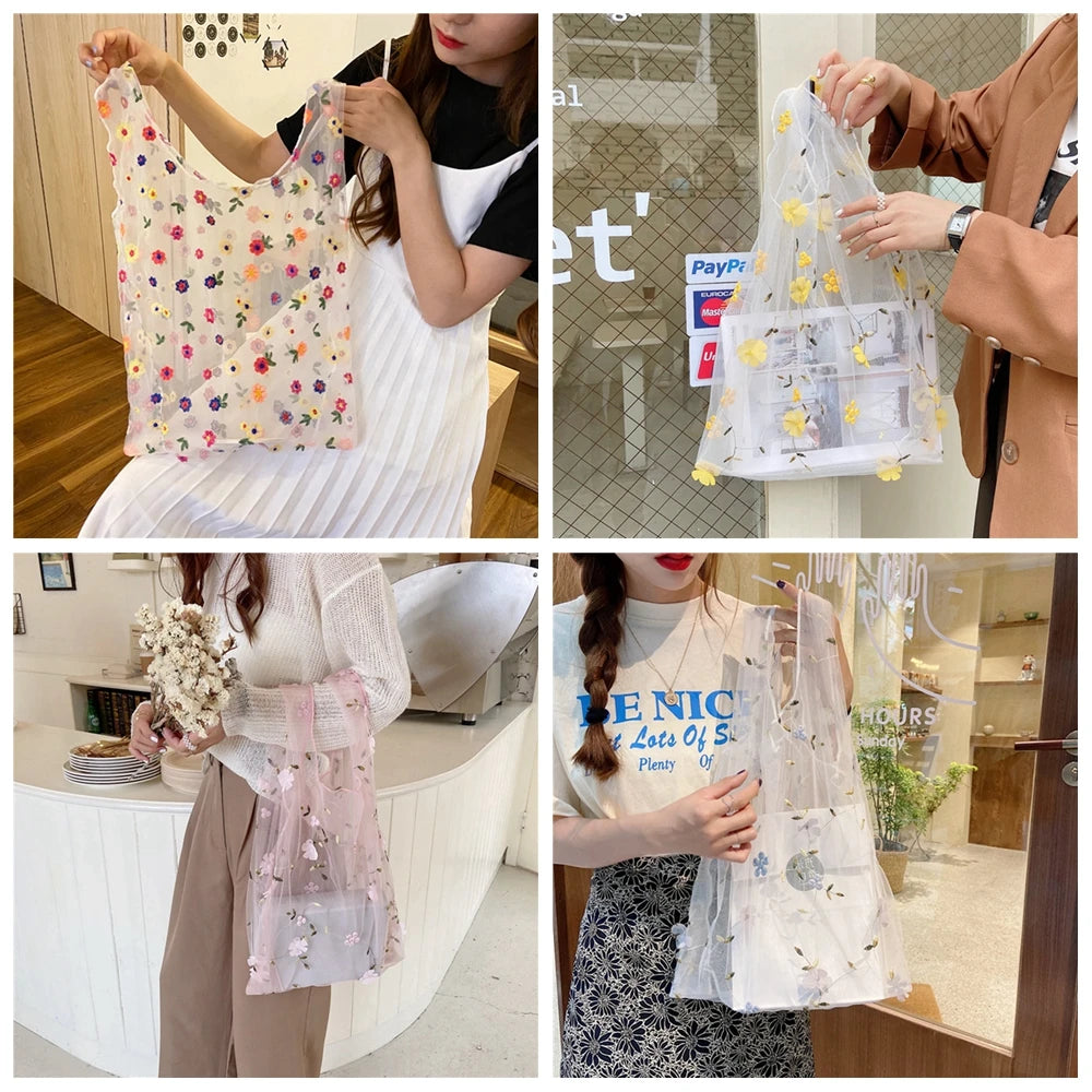 Female Flower Embroidery Hand Bag Organza Transparent Mesh Tote
