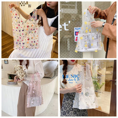 Female Flower Embroidery Hand Bag Organza Transparent Mesh Tote