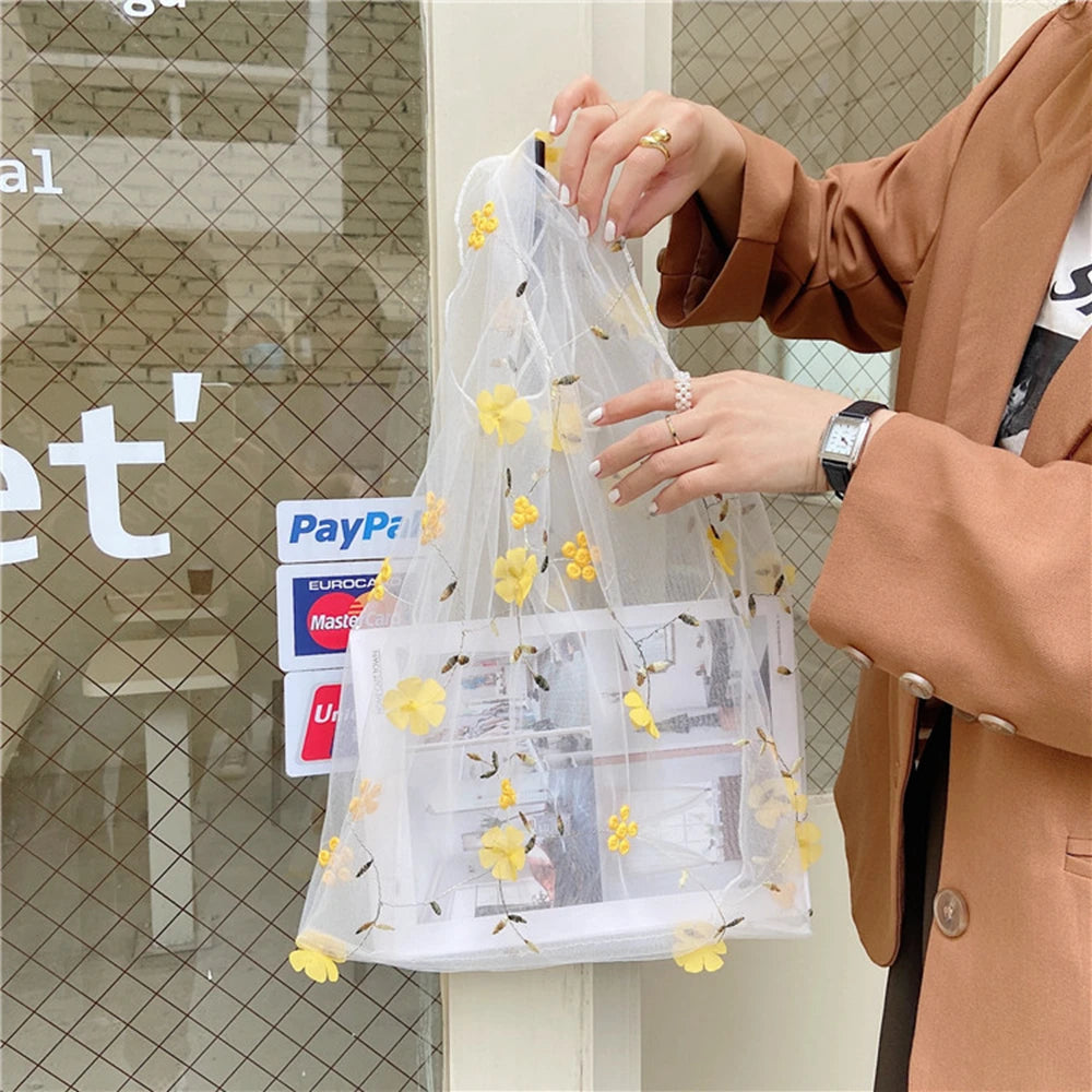 Female Flower Embroidery Hand Bag Organza Transparent Mesh Tote