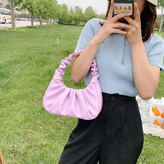 Women Hobo Pleated Tote Bag Candy Underarm Bag Small Handbag And Purses Shoulder