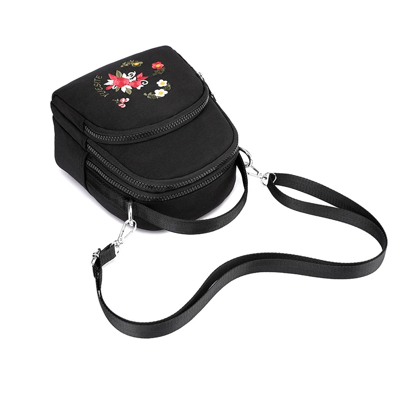 Floral Embroidery Backpack Small Nylon Handbag for Girls Women