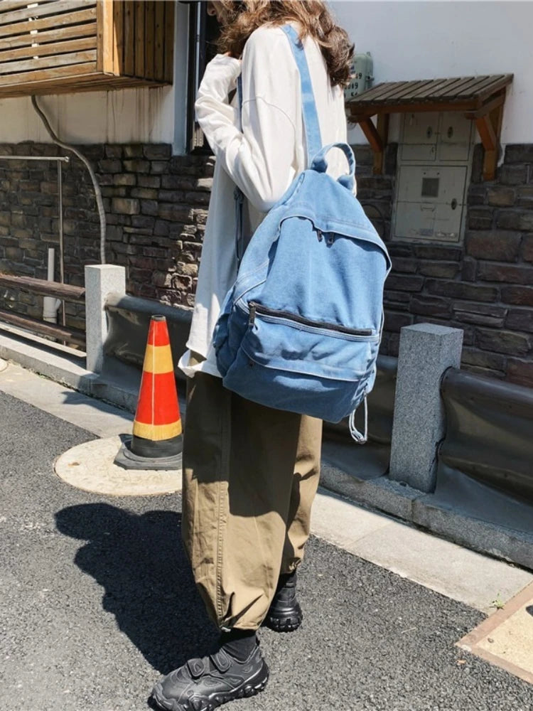 Denim Canvas Women Backpack High Capacity for Teenagers Girls