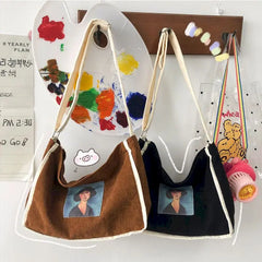 Retro Corduroy Shoulder Bag for Women, College Style Tote and Messenger Bag