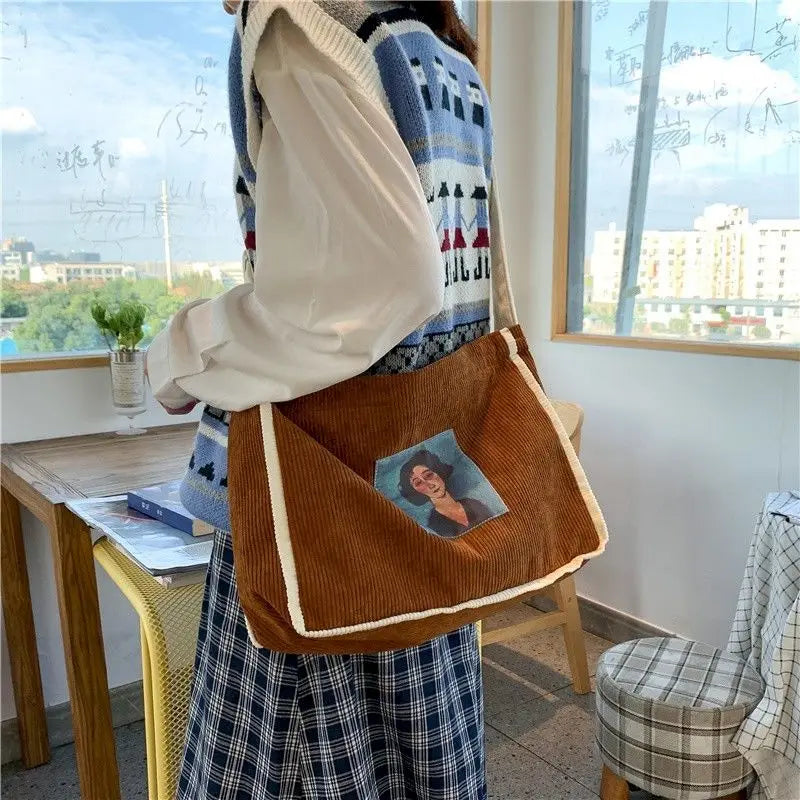 Retro Corduroy Shoulder Bag for Women, College Style Tote and Messenger Bag