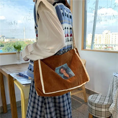 Retro Corduroy Shoulder Bag for Women, College Style Tote and Messenger Bag