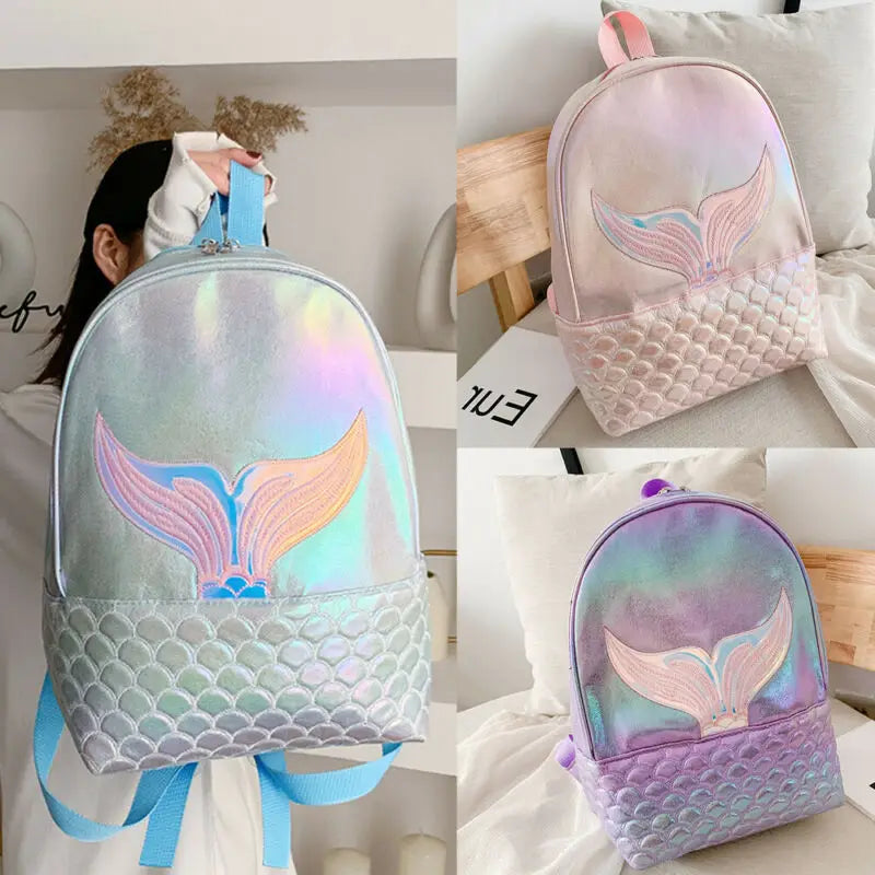 Glitter Mermaid Backpack Girls School Book Shoulder Bag Rucksack Travel