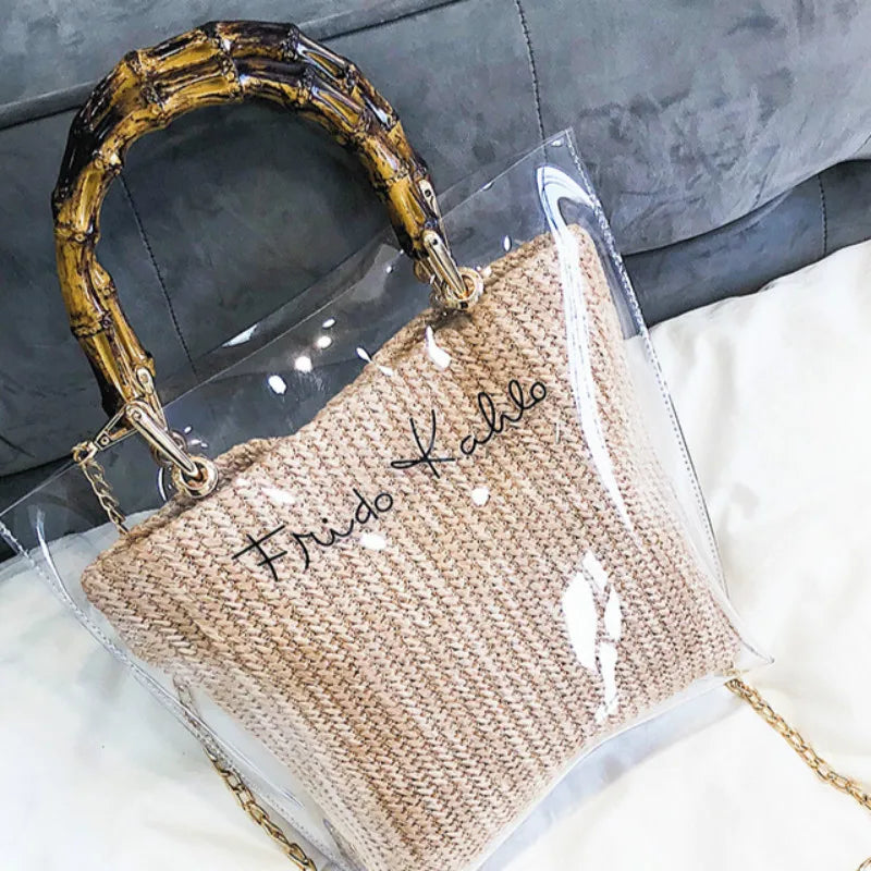 Summer Transparent Women Hand Bags Chain Straw Bag