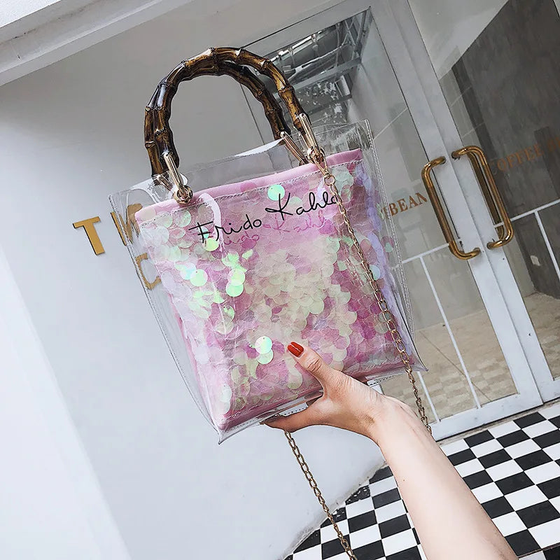Summer Transparent Women Hand Bags Chain Straw Bag