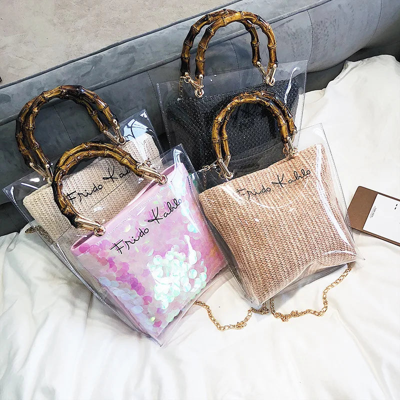 Summer Transparent Women Hand Bags Chain Straw Bag