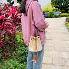 Summer Beach Straw Bucket Bag Crossbody with Tassel Drawstring